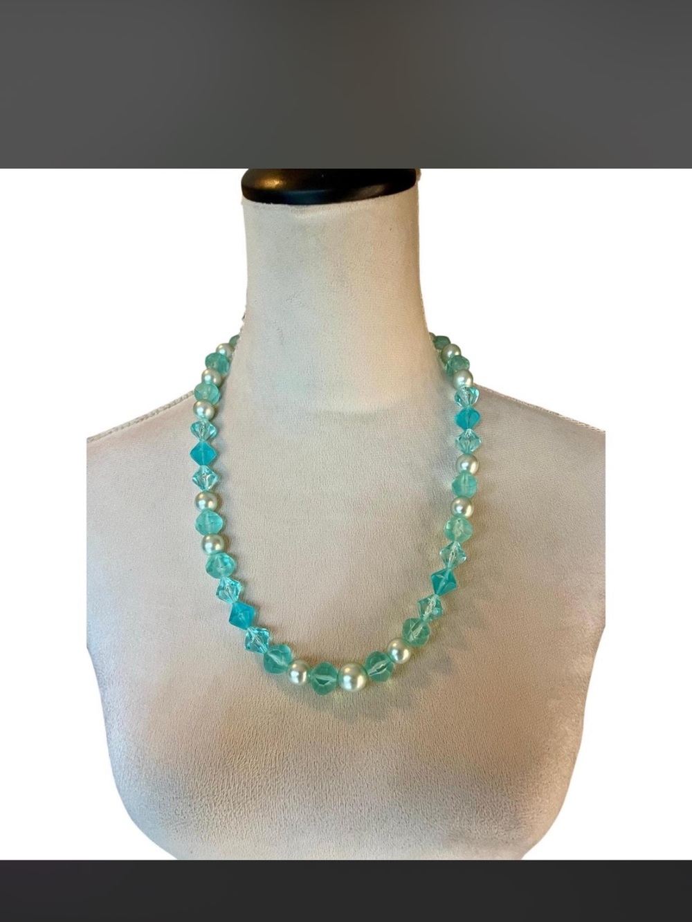 Aqua Turquoise Beaded Statement Necklace w/ Faux Pearls